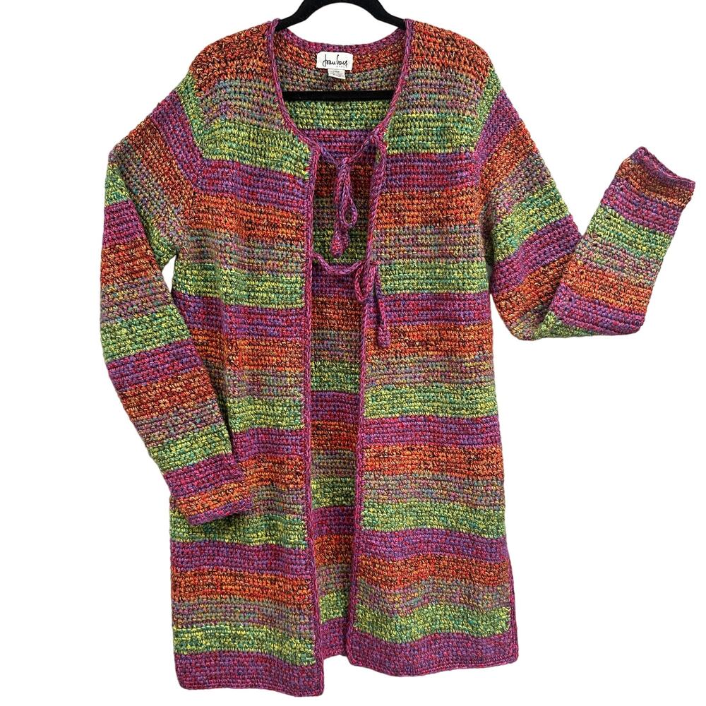 Rainbow Crochet Knit Tie Front Duster Large Cardigan Boho Festival Hippie Fairy